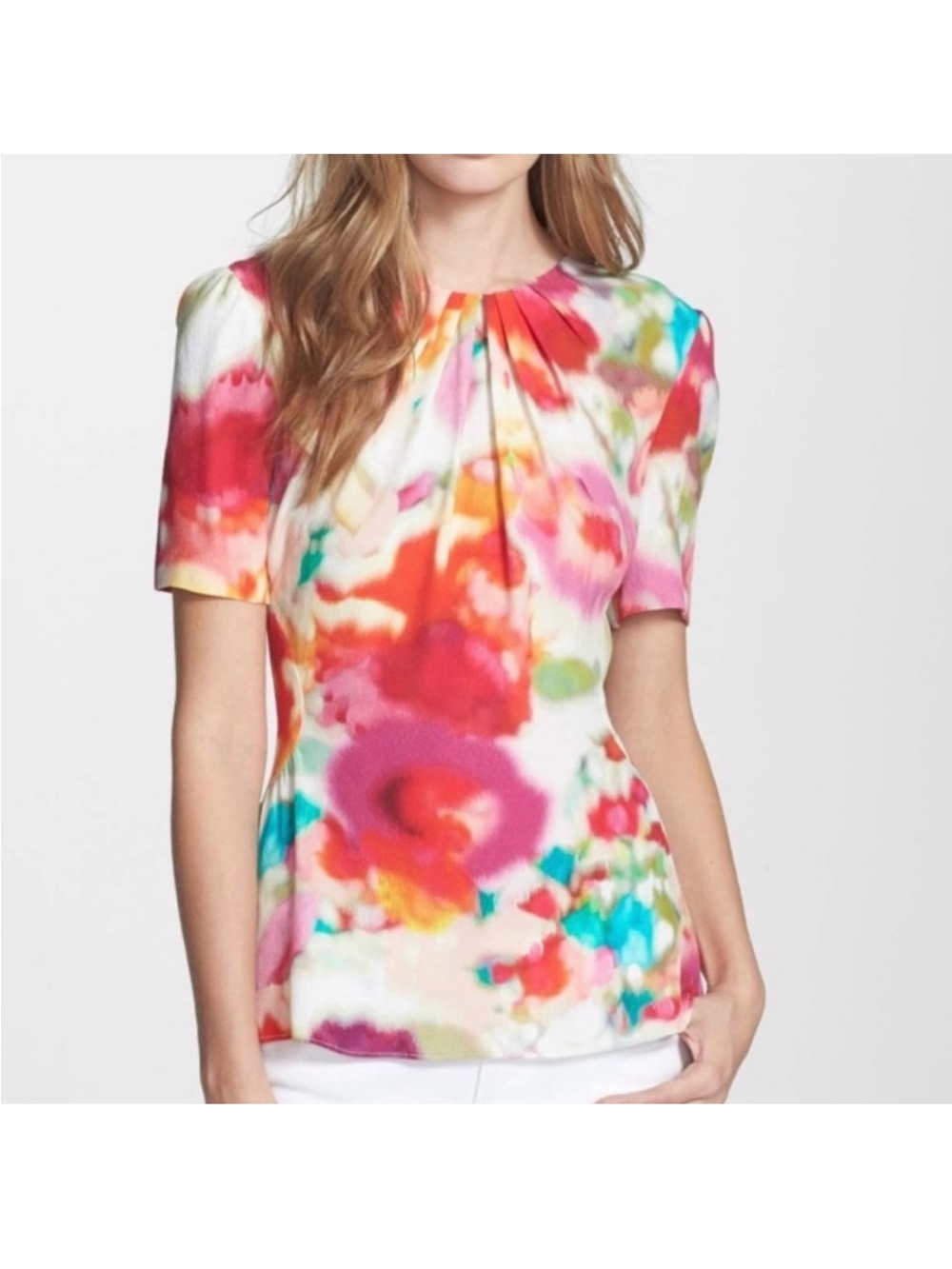 kate spade Multicolor Watercolor Floral Pleat-Front Blouse